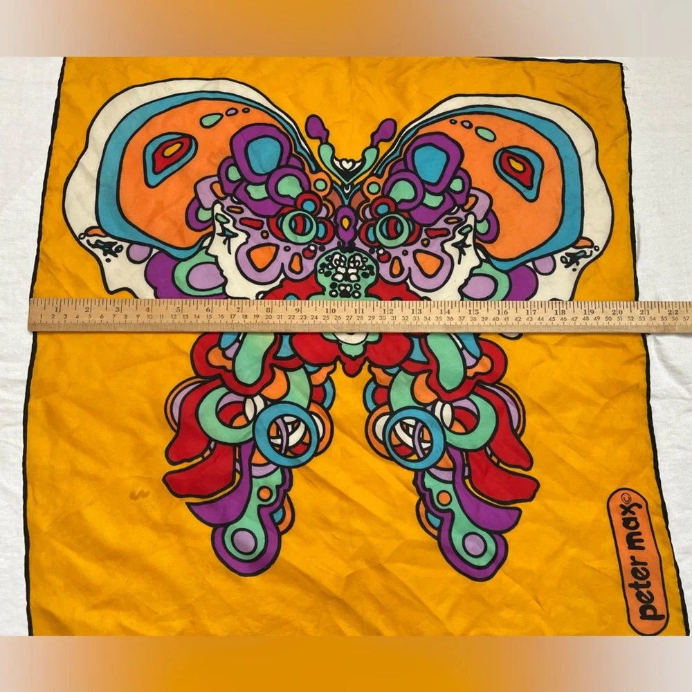 Peter Max Scarf Vintage 1970s Butterfly Psychedelic Vivid Color Gold Silk? - Picture 5 of 15